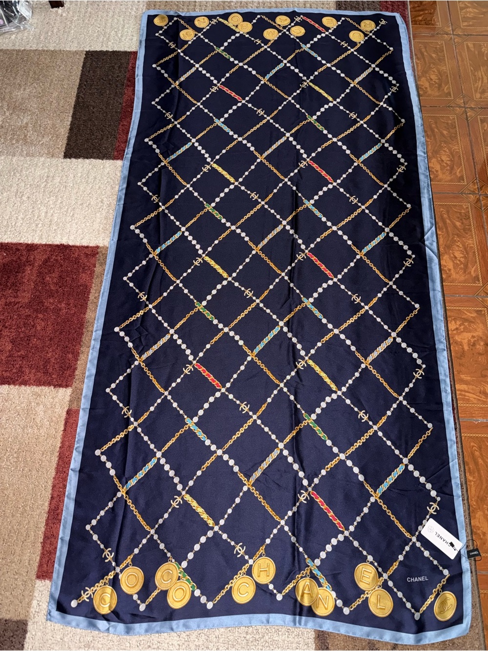“Chains & Pearls” 100% Silk Navy Blue Scarf Wrap- NWT